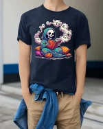 Cute Reading Grim Reaper Ghost Halloween Graphic T-Shirt - model wearing navy tee with hands in pockets