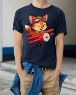 Cute Fox Pilot Airplane Cartoon Aviator Graphic T-Shirt - model wearing navy tee with hands in pockets