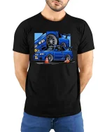 JDM Blue Skyline Sports Car Drift Racing Graphic T-Shirt - model wearing black tee with hands behind back