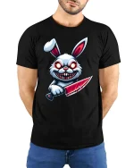 Psycho Killer Bunny Horror Cartoon Graphic T-Shirt - model wearing black tee with hands behind back