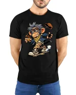 Cool Monkey Coffee Lover Funny Cartoon Graphic T-Shirt - model wearing black tee with hands behind back
