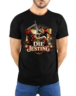 Die Jesting Skeleton Jester Dark Humor Graphic T-Shirt - model wearing black tee with hands behind back