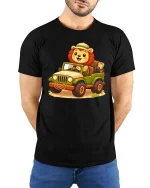 Cute Safari Lion Jeep Cartoon Adventure Graphic T-Shirt - model wearing black tee with hands behind back