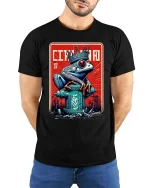 Cincinnati Frog King Urban Graffiti Street Art T-Shirt - model wearing black tee with hands behind back