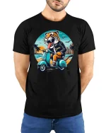 Jakarta Tiger Riding Scooter Retro Travel Graphic T-Shirt - model wearing black tee with hands behind back