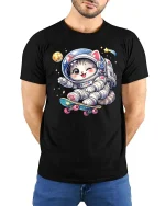 Cute Astronaut Cat Skateboard Space Cartoon Graphic T-Shirt - model wearing black tee with hands behind back