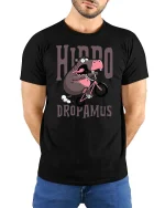 Hippo Dropamus Funny Hippo Riding Bike Cartoon T-Shirt - model wearing black tee with hands behind back