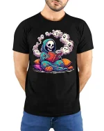 Cute Reading Grim Reaper Ghost Halloween Graphic T-Shirt - model wearing black tee with hands behind back