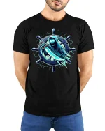 Ghost Pirate Reaper Wheel Dark Fantasy Graphic T-Shirt - model wearing black tee with hands behind back