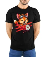 Cute Fox Pilot Airplane Cartoon Aviator Graphic T-Shirt - model wearing black tee with hands behind back