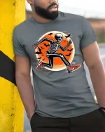 Running Skeleton Halloween Moon Funny Runner T-Shirt - model wearing grey tee, leaning on column