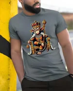 King Monkey Royal Crown Funny Animal Graphic T-Shirt - model wearing grey tee, leaning on column