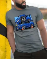 JDM Blue Skyline Sports Car Drift Racing Graphic T-Shirt - model wearing grey tee, leaning on column
