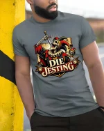 Die Jesting Skeleton Jester Dark Humor Graphic T-Shirt - model wearing grey tee, leaning on column