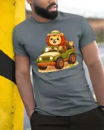 Cute Safari Lion Jeep Cartoon Adventure Graphic T-Shirt - model wearing grey tee, leaning on column