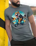 Jakarta Tiger Riding Scooter Retro Travel Graphic T-Shirt - model wearing grey tee, leaning on column
