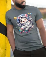 Cute Astronaut Cat Skateboard Space Cartoon Graphic T-Shirt - model wearing grey tee, leaning on column