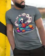 Cute Reading Grim Reaper Ghost Halloween Graphic T-Shirt - model wearing grey tee, leaning on column