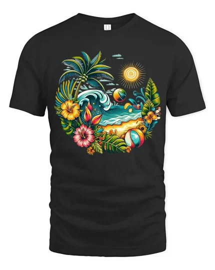 Tropical Beach Sunset Palm Tree Summer Vacation T-Shirt - black t-shirt on white background