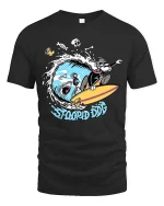 Stoopid Dog Surfing Shark Funny Surf Graphic T-Shirt - black t-shirt on white background