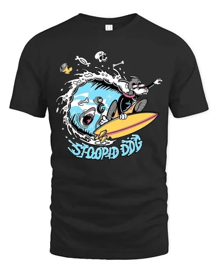 Stoopid Dog Surfing Shark Funny Surf Graphic T-Shirt - black t-shirt on white background