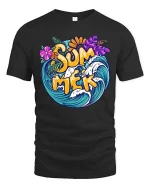 Summer Surf Wave Tropical Beach Vacation Graphic T-Shirt - black t-shirt on white background