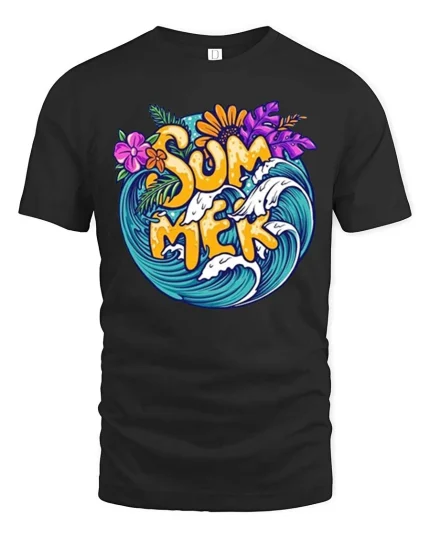 Summer Surf Wave Tropical Beach Vacation Graphic T-Shirt - black t-shirt on white background