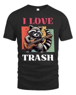 I Love Trash Funny Raccoon Guitar Retro Graphic T-Shirt - black t-shirt on white background