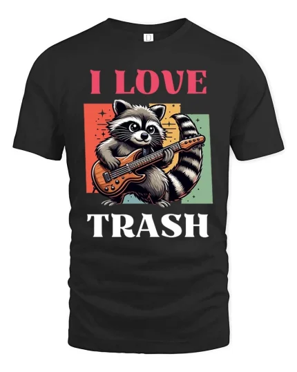 I Love Trash Funny Raccoon Guitar Retro Graphic T-Shirt - black t-shirt on white background