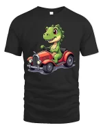 Funny Dinosaur Driving Car Cute Cartoon Dino Graphic T-Shirt - black t-shirt on white background
