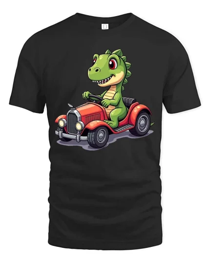 Funny Dinosaur Driving Car Cute Cartoon Dino Graphic T-Shirt - black t-shirt on white background