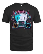 DJ Cat Headphones Music Lover Cute Cartoon Graphic T-Shirt - black t-shirt on white background