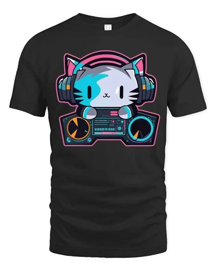 DJ Cat Headphones Music Lover Cute Cartoon Graphic T-Shirt - black t-shirt on white background