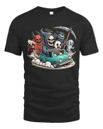 Funny Grim Reaper Ghost Demon Road Trip Graphic T-Shirt - black t-shirt on white background
