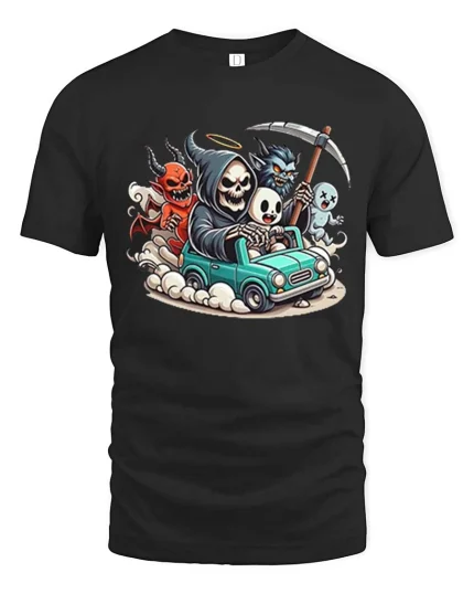 Funny Grim Reaper Ghost Demon Road Trip Graphic T-Shirt - black t-shirt on white background