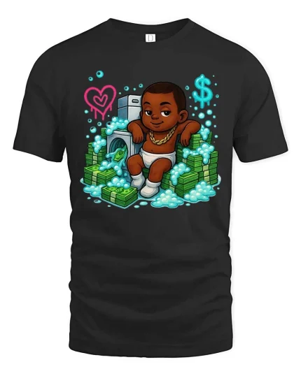 Funny Rich Baby Money Laundry Cartoon Graphic T-Shirt - black t-shirt on white background