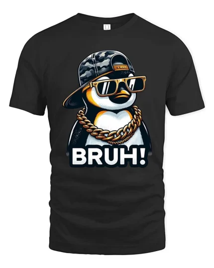 Bruh Penguin Funny Meme Hip Hop Cartoon Graphic T-Shirt - black t-shirt on white background