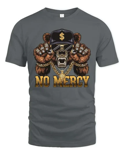 No Mercy Gangster Bear Skull Streetwear Graphic T-Shirt - gray t-shirt on white background
