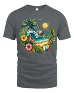 Tropical Beach Sunset Palm Tree Summer Vacation T-Shirt - gray t-shirt on white background