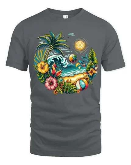Tropical Beach Sunset Palm Tree Summer Vacation T-Shirt - gray t-shirt on white background
