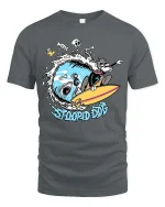 Stoopid Dog Surfing Shark Funny Surf Graphic T-Shirt - gray t-shirt on white background