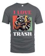 I Love Trash Funny Raccoon Guitar Retro Graphic T-Shirt - gray t-shirt on white background
