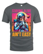 Staying Alive Ain’t Easy Funny Astronaut Skull T-Shirt - gray t-shirt on white background