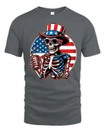 Patriotic Skeleton Uncle Sam 4th of July Graphic T-Shirt - gray t-shirt on white background