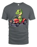 Funny Dinosaur Driving Car Cute Cartoon Dino Graphic T-Shirt - gray t-shirt on white background