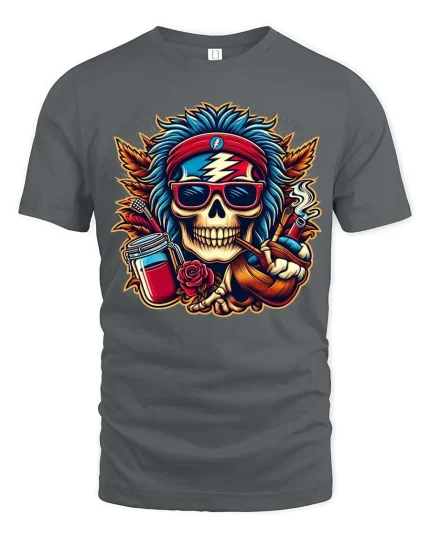 Hippie Skull Jam Band Psychedelic Music Graphic T-Shirt - gray t-shirt on white background