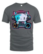 DJ Cat Headphones Music Lover Cute Cartoon Graphic T-Shirt - gray t-shirt on white background