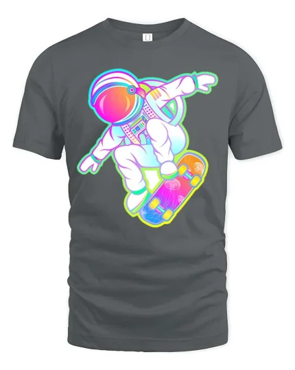Astronaut Skateboard Neon Space Skater Graphic T-Shirt - gray t-shirt on white background