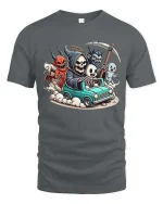Funny Grim Reaper Ghost Demon Road Trip Graphic T-Shirt - gray t-shirt on white background