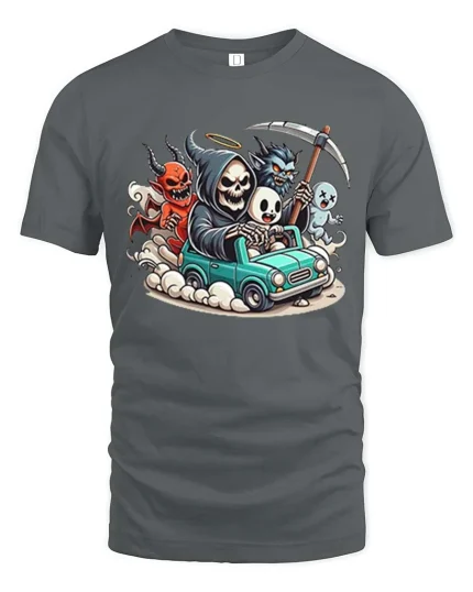 Funny Grim Reaper Ghost Demon Road Trip Graphic T-Shirt - gray t-shirt on white background